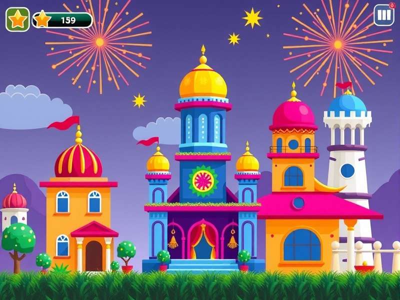 Building Pixel Master Diwali event with fireworks and decorated buildings